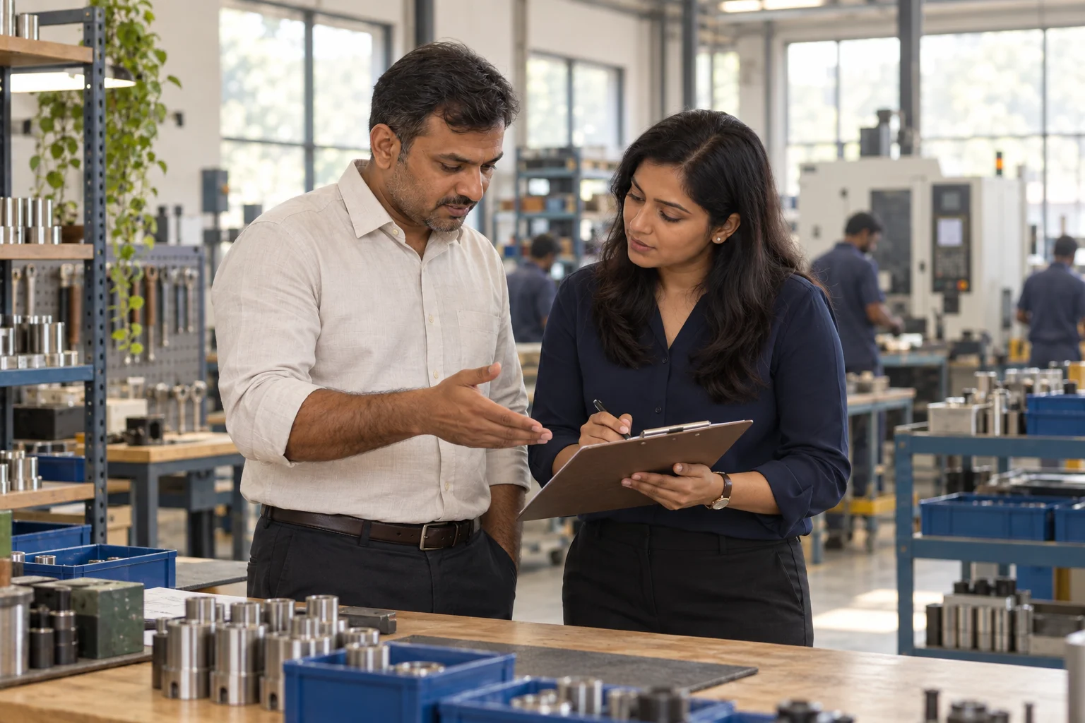 Manufacturing team reviewing an export readiness checklist on the factory floor
