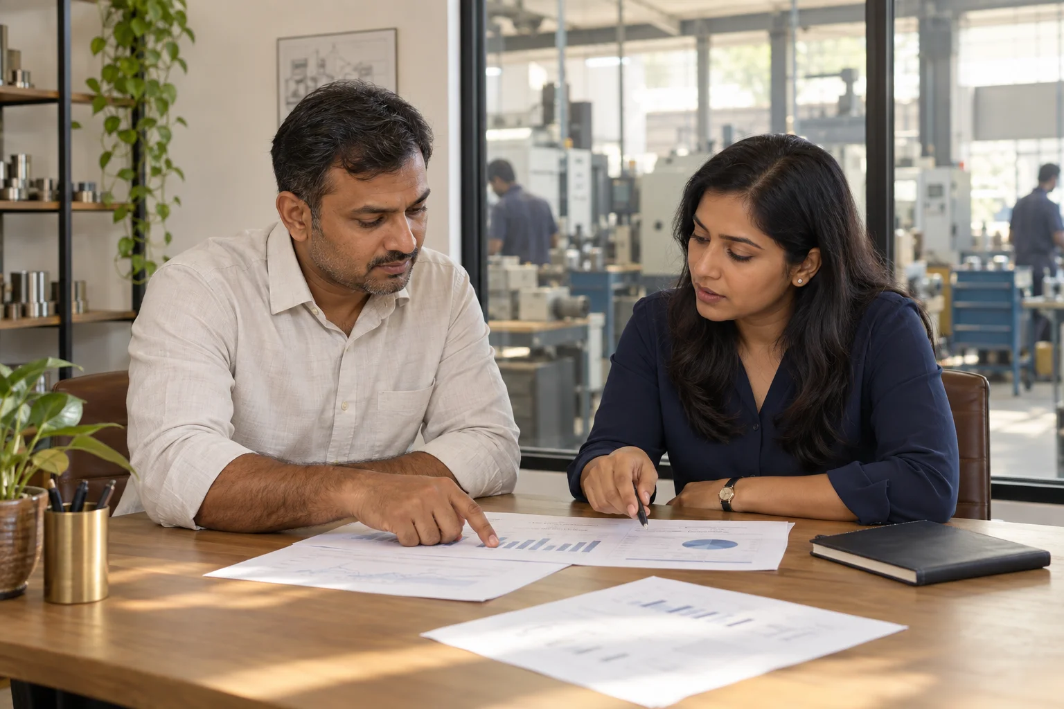 Business owner and consultant reviewing company performance charts together