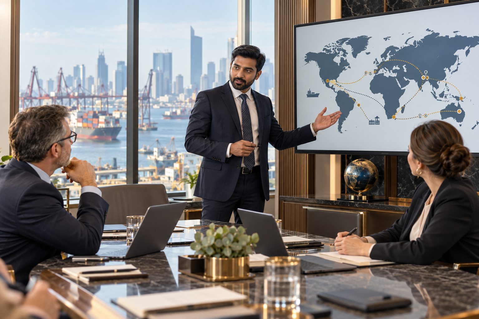 International representative presenting a cross-border market plan to overseas clients