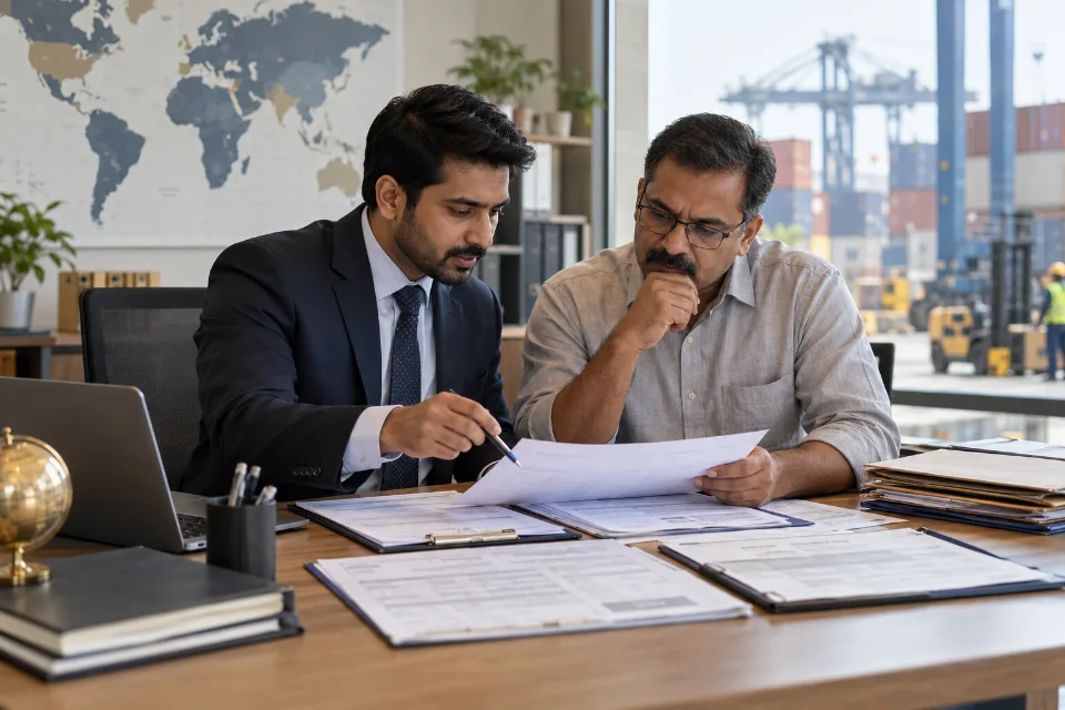 Export advisor and business owner verifying customs and compliance documents