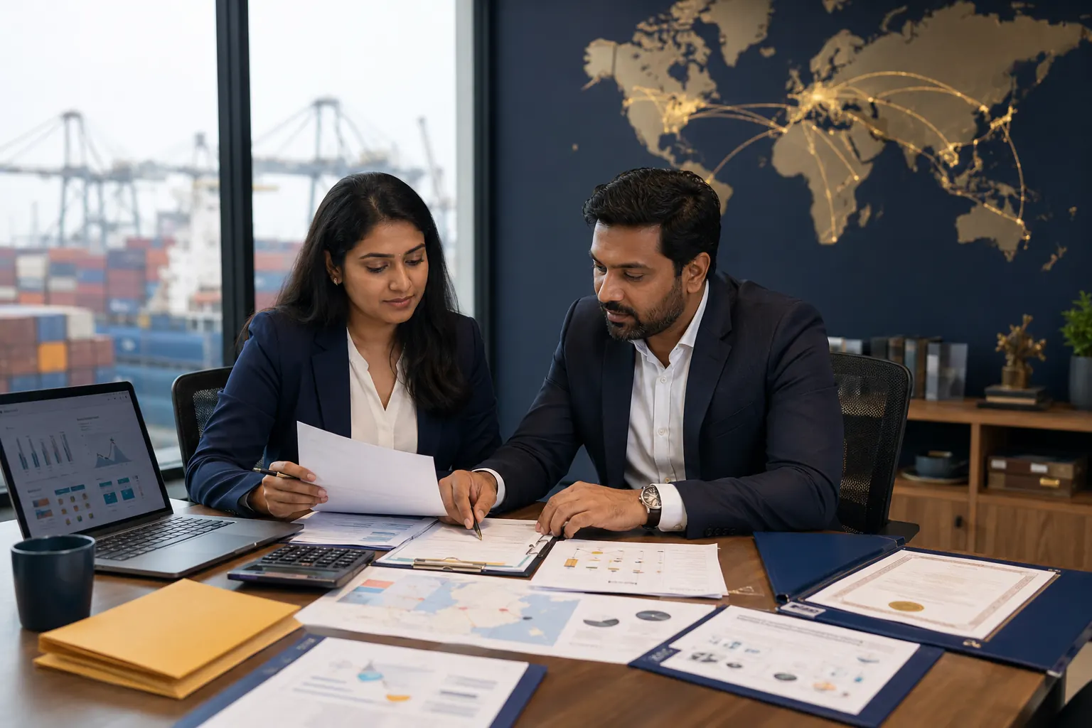 Export consultants calculating costs and reviewing a buyer quotation